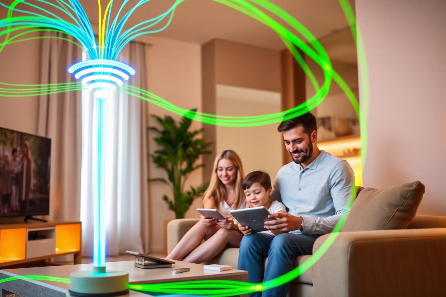 Família conectada com internet fibra Wi-Fi 6